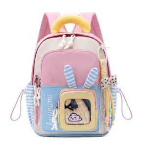 L91 Kids Cartoon Rabbit Ear Backpack Color Block Striped School Bag for Kindergarten Boys and Girls L