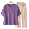 Tencel And Linen Women's Set, Embroidered Short-Sleeve T-Shirt, 2025 Summer New Middle-Aged Mom Two-Piece Set With Pants And Top. 