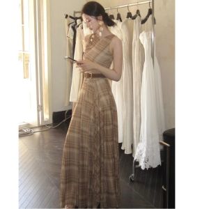 DSF Studio summer temperament slim fit big swing long dress slim waist a word skirt retro plaid sleeveless vest dress women