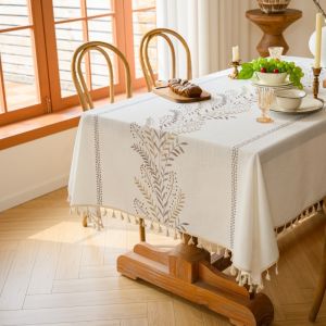 Rectangular Tablecloth Cotton Linen Waterproof Embroidered Dining Table Cover with Fringe