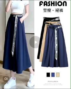 Plus size womens summer slim high waist pear-shaped body casual pants fat girl loose seven-point skirt pants ice silk wide-leg pants