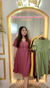 Kinoi Daster Dress Kancing Busui Wanita Bahan Cringkel Airflow Terbaru Kekinian