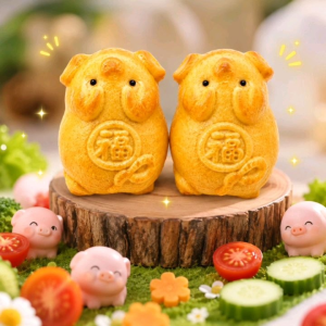Bánh Trung Thu Chú Heo Vàng Mini Siêu Cute – Bánh Hình Heo Ngộ Nghĩnh Quà Trung Thu Cho Bé Biếu Tặng Gia Đình.Bánh có lớp vỏ nướng màu vàng óng mềm mại và thường nhân đậu xanhthập cẩmdừa non