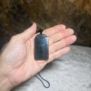 Nephrite Wu Shi Pai pendant deep green carved Pi Xiu on both side top edge (with certificate) 和田玉深青玉无事牌吊坠双面雕刻貔貅牌头(带证书)