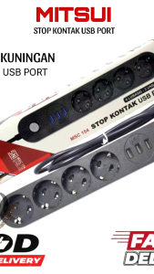 STOP KONTAK 4 LUBANG 3 USB PORT MITSUI TERMINAL KUNINGAN PLUS TOMBOL ON/OF SNIABS PANJANG KABEL 16M