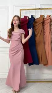 ชุดเดรส ชุดออกงาน ชุดราตรี F273 เดรสยาว เกาะอกระบาย ปาดไหล่2ข้าง