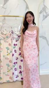 ชุดเดรส ชุดออกงาน ชุดราตรี FP035 เกรดพรีเมี่ยม สายเดี่ยว ลายดอก