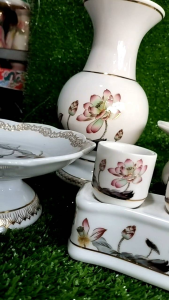 Lọ hoa sứ trắng hoa sen hồng/Bình hoa thờ cúng cao cấp nhiều size