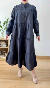 ●ECLAIRE● 063 Dress Midi Tiered Susun Lengan Panjang Longsleeves Puffy Sleeves Polos Basic Kerja Kasual Casual Korea Pesta 1020