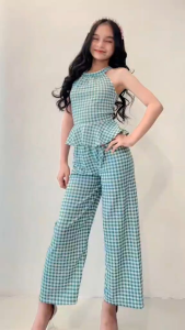 Chic Checkered Terno Pants Set for Girls Sleeveless Top & Wide Leg Pants Set Perfect for Casual Wear & Everyday Style