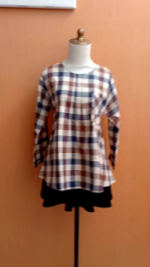 atasan wanita kotak biru coklat L blouse cewek kerja santai kuliah