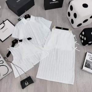 Set áo ren nơ phối chân váy dài + sơmi nam