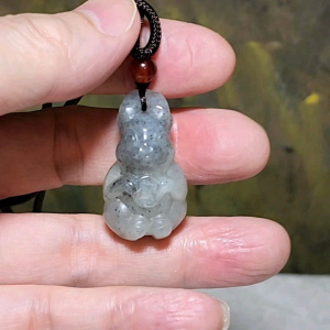 Premium natural Nephrite Qinghua (black & white) 3 dimensional Rabbit Copper Coin Jade pendant (with certificate) 和田玉新疆青花(黑白)立体兔子铜钱吊坠(带证书)