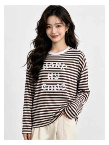 Áo Thun Nữ Sọc Giấy Tay Dài Co Giãn 4 Chiều Vải Mềm Mỏng Nhẹ Phối Cổ Hình In Chữ Freesize 35-65kg