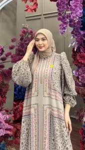 Leon Dress Set Jilbab Segiempat / Dress Pesta Lebaran Lengan Panjang Bahan Ceruty Full Furing LD 120 cm muat hingga BB 80kg