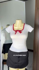 Snarlet Ribbon Square Neck Plunging Short Sleeve Women Basic Casual Top Womenswear Comfortable