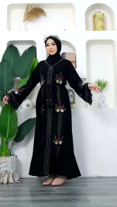 GAMIS ABAYA TURKEY TUGBA (MELATI TIGA-WARNA) PREMIUM JET-BLACK HITAM PEKAT (LONG ZIPPER) MEWAH TERBARU