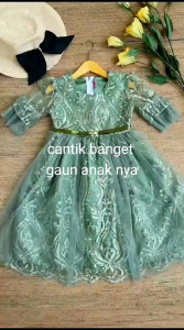 Gaun Pesta Anak Perempuan Bordir Mutiara Lengan 3/4 Usia 3-12 Tahun