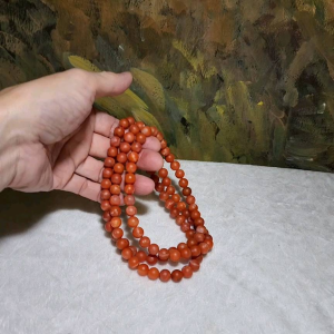 9mm Baoshan Nan Hong with some natural white lines and a bit of "skin" 108 mala necklace / multi loops bracelet 110克保山南红帶小许天然白纹及铁皮108念珠項链多圈手链