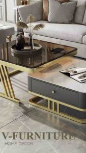 Bàn trà đôi Sofa phòng khách mặt đá vuông có ngăn tủ chân kim loại chữ Z 3 nan sơn tĩnh điện sang trọng hiện đại