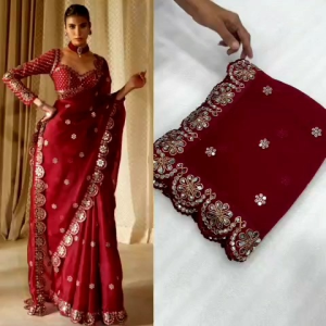 ( PRE- ORDER) NEW ARRIVALS BEAUTFUL EMBROIDERY AND SEQUENCES SAREE WITH STITCHED BLOUSE(ETA: 10 DAYS)