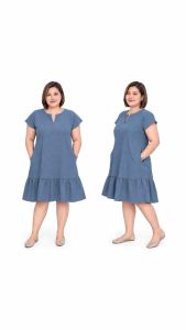 Drop Shoulder Sleeve V Neck Dress 2 Side Pockets M-XL Cotton Linen