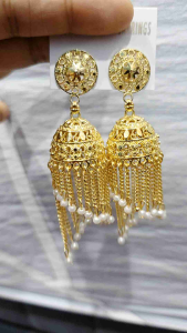 Gold Polished Jhumki Chain with Pearl Drop – Elegant Traditional Design