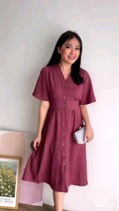 Clarissa Dress / Dress Wanita Korea Midi Dress Casual Kancing Lengan Pendek