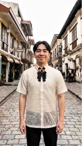 【 PREMIUM 】Modern Polo Barong Sinamay Lace Short Sleeves with Inner Lining and Bowtie