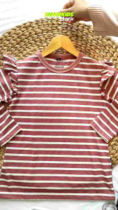 Superkidscloth Kaos Salur Anak Perempuan Panjang Baju Anak Stripe Ruffle Rampel Panjang Umur 1 - 11 Tahun
