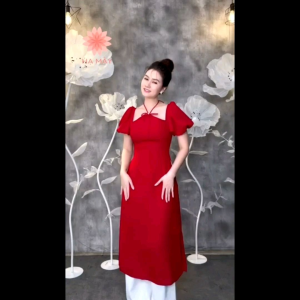 Set áo dài tay bồng cổ yếm cực xinh dịu dàng thanh lịch tao nhã ngày Xuân [NEW] diện Tết xinh xắn màu đỏ may mắn