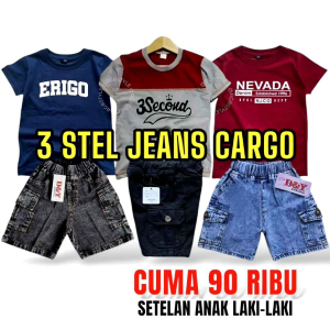 PROMO 80 Ribu Dapat 3 Pasang Celana Jeans Cargo + Kaos Combet Grosir Setelan Baju Anak Usia 2-5-7 Tahun Cowok Laki Laki Denim Pendek Pria Terbaru