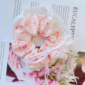|SANTO.NE| DCQ022 LACE RIBBON HAIR BAND ELASTIC PINK 温柔风蕾丝蝴蝶丝带大肠圈