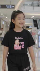 Blackpink T-shirt and shorts set. Black crop top with Blackpink images. Black shorts with Blackpink logo. Casual wear. Orange background.