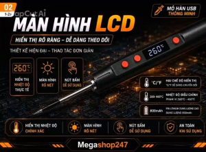 Mỏ hàn điện USB hiện thị nhiệt độ từ nguồn điện đầu hàn cầm tay 260°C - 388°C pin lithium dung lượng cao