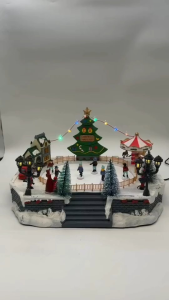 Christmas Village Miniature Set with Icicle Rink Carousel and Decorative Lights