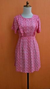 midi dress wanita merah motif bunga putih H509 cewek S M lengan pendek pinggang karet santai cute