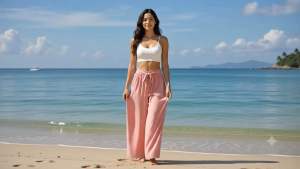 Korean Womens Wide Leg Pants Casual Straight High Waist Wide Leg Pants Beach Scene