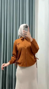 Kemeja Wanita Tali Serut Kupu Blouse Lengan Panjang Karet Bahan Rayon Twill