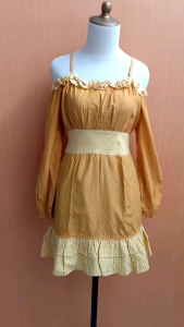 mini midi dress wanita kuning M L cewek sabrina cute santai pantai lengan panjang