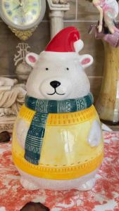 Hủ đựng bánh kẹo chú gấu xám mặc áo len vàng giáng sinh đáng yêu  ngộ nghĩnh -Candy jar of a grizzly bear wearing a lovely funny yellow Christmas sweater