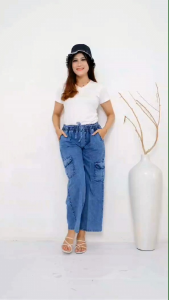 NHN JEANS - Kulot Jeans Wanita Kulot Cargo Jeans Dewasa Pinggang Full Karet