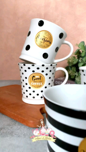 Mug bijian keramik polkadot garis black and white