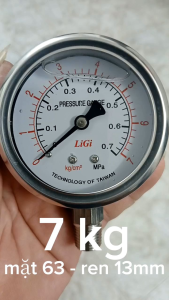 Đồng hồ đo áp suất nước Từ 0 đến 7kg/cm2 Mặt 63mm chân ren 13mm Kim ngâm dầu