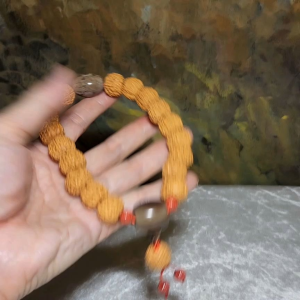 Gegegems Creation 15.5mm+ small species Rudraksha 6 Mukhi deep lines Panlong with Tibetan red spots Lightning 5 Eyes Da Luo Dzi & Cinnabar carved coins 18 beads mala handheld bracelet