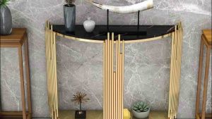 Kệ đứng bàn console trang trí phòng khách cạnh cửa nhà 2 nửa mặt đá bầu dục chân sáo sang trọng BC-13