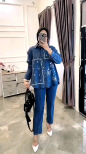 Setelan Jeans Wanita Motif Bordir Kekinian Set Celana Bahan Soft Jeans/Setelan Wanita Terbaru 2025