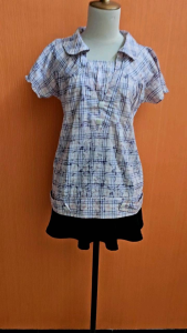 atasan kemeja wanita cream motif kotak bunga KREZT cewek M L lengan pendek blouse berkerah