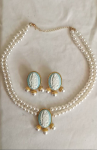 Mother Mary Elegant Layered Faux Pearl Choker Necklace and Earrings Victorian Religious Cameo Set