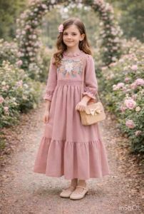 Girls Long Sleeves Dress With Embroidered Floral Cotton Colourful Pastel Color Beach Dress School Dress Event Kids Girls Children Outfit Casual